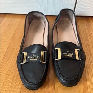 Kate Spade black leather loafers gold accents size 8